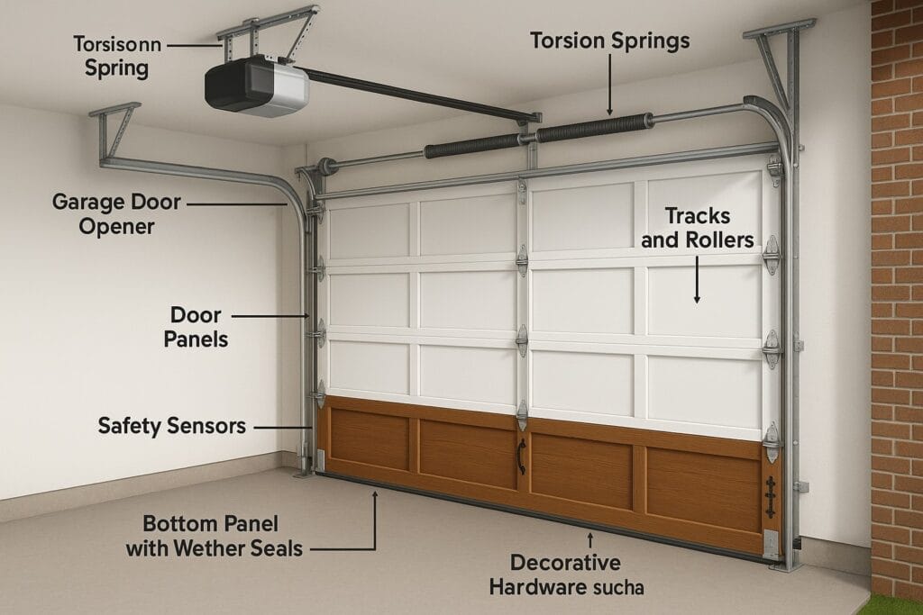What First-Time Homeowners Should Know About New Garage Door Installation 2 Labeled diagram of a garage door system showing key components such as torsion springs, garage door opener, tracks and rollers, door panels, safety sensors, bottom panel with weather seals, and decorative hardware.