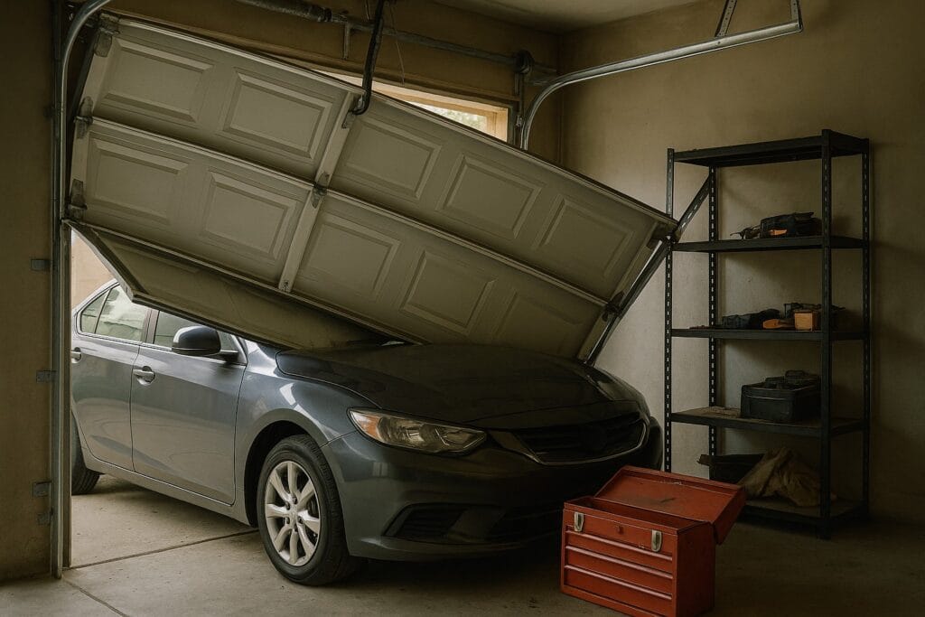Understanding the Risks of a Malfunctioning Door: When to Get Emergency Garage Door Repair in Texas 2 Collapsed garage door resting on car hood in dimly lit garage, signaling critical need for emergency garage door repair.
