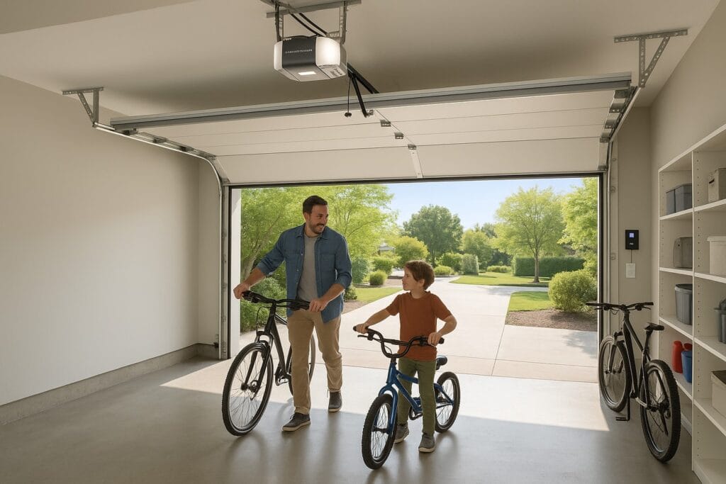 What’s Included in a Professional Garage Door Maintenance Visit? 2 Father and son preparing to ride bikes in a clean, organized garage, highlighting a well-maintained overhead garage door system — a key aspect of garage door maintenance.