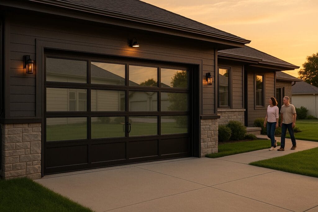 How to Find the Best Deals on a New Garage Door for Your Home 2 Couple walking toward a modern home with a sleek, new glass-panel garage door at sunset, enhancing curb appeal and contemporary design.