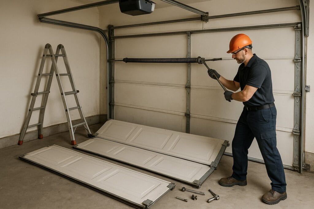 How to Find the Best Deals on a New Garage Door for Your Home 3 Technician removing an old sectional garage door, adjusting the torsion spring with safety gear and tools prepared for disassembly.