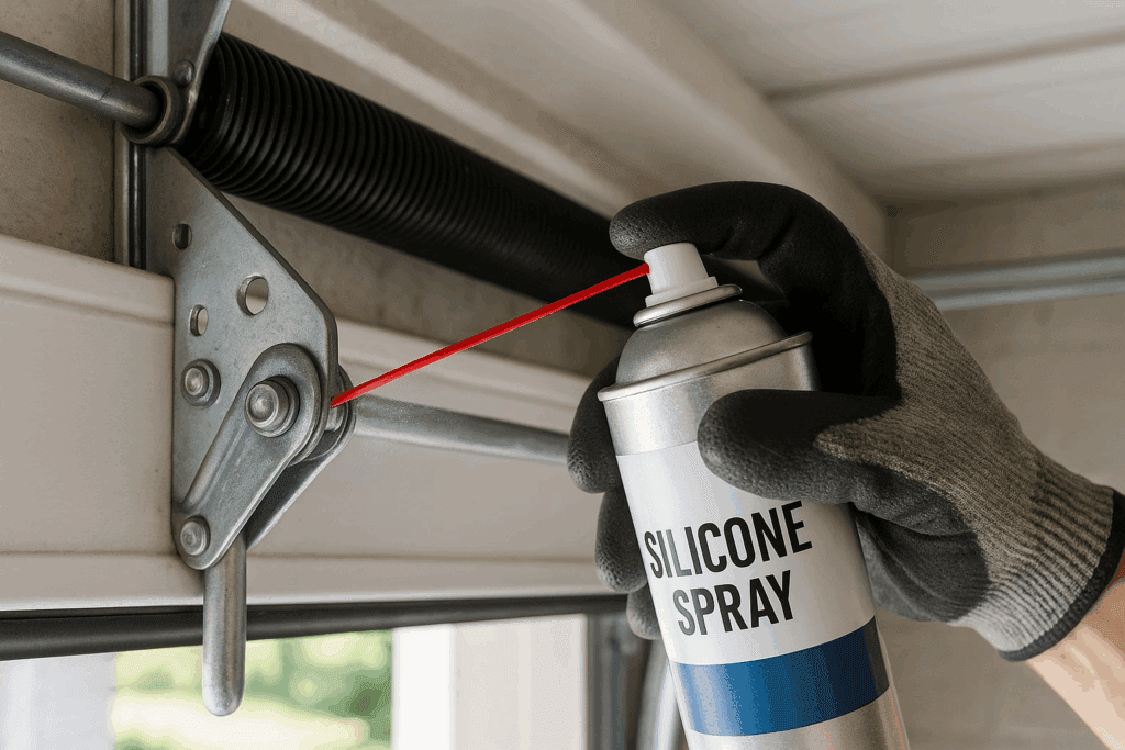 Applying silicone spray lubricant to hinges during garage door repairs.