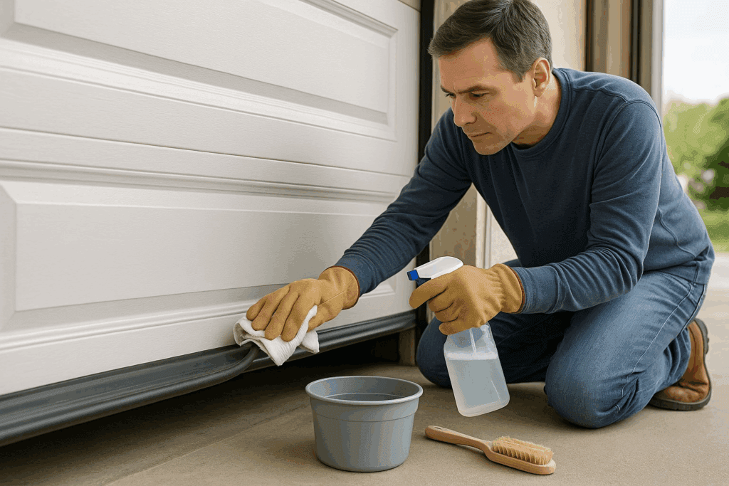 Homeowner cleaning garage door weather stripping with spray bottle and cloth for maintenance.