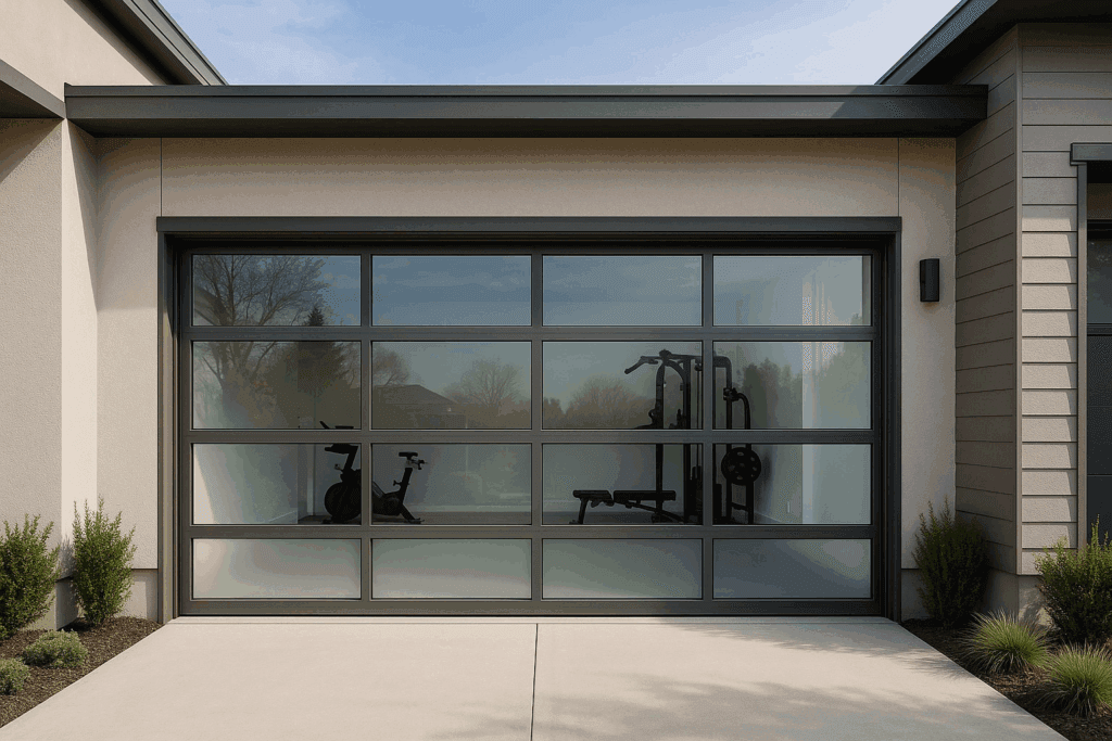 Glass panel modern garage doors showing home gym equipment inside.