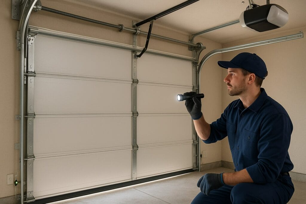 Garage Door Maintenance in Austin, TX: Affordable Services to Protect Your Doors 2 Garage Door Maintenance technician inspecting torsion springs and opener system with a flashlight to ensure safe and smooth door operation.