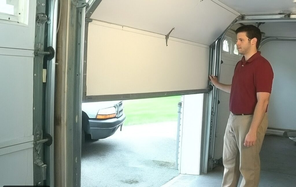 Technician performing a garage door tune-up, inspecting the door movement and balance for smooth and safe operation.