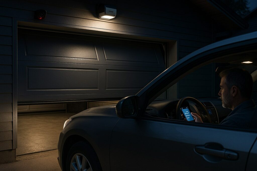 Driver operating smart garage door opener from smartphone while sitting in car during evening.