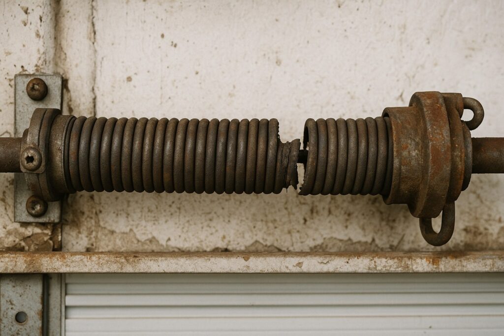 A broken torsion spring on automatic garage doors shows severe wear and damage.