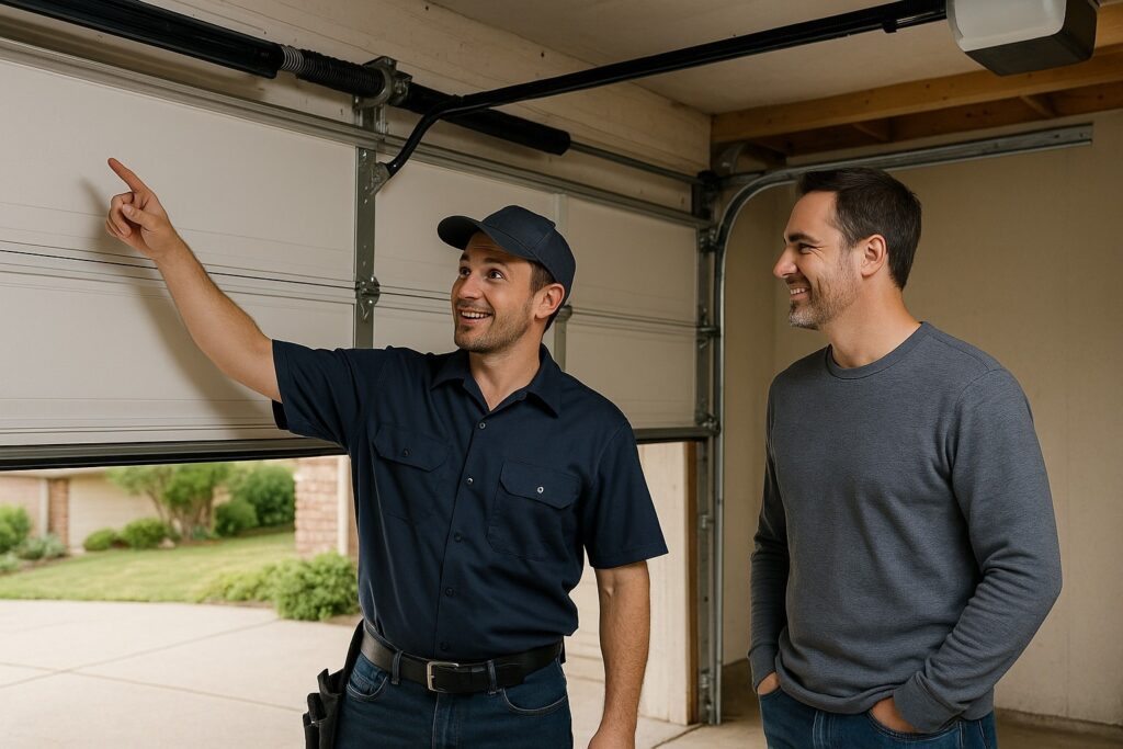 Garage door repair consultation with a technician explaining issues to a homeowner.